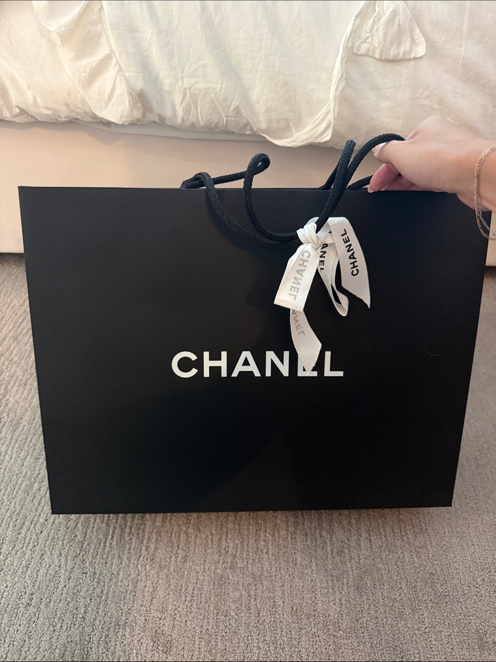CHANEL Black Shopping Bag with White Logo and Ribbon large